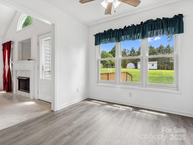 1028 Swaying Oats Dr, York, SC 29745 - spare room with ceiling fan, wood finished floors, plenty of natural light, a fireplace, and lofted ceiling