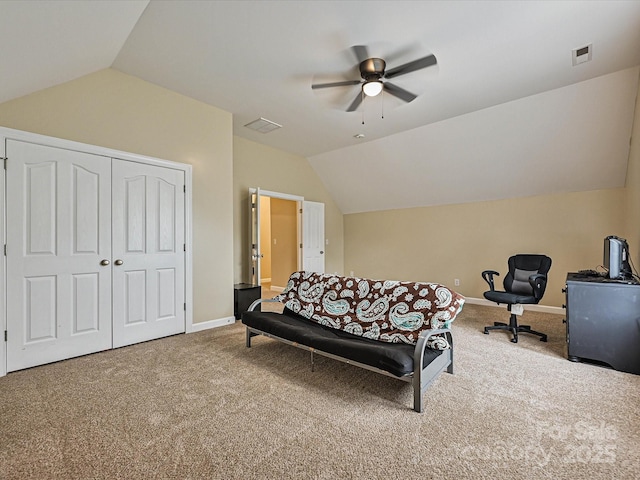 410 Deer Brush Ln, Waxhaw, NC 28173 - carpeted bedroom featuring lofted ceiling, baseboards, a ceiling fan, and a closet