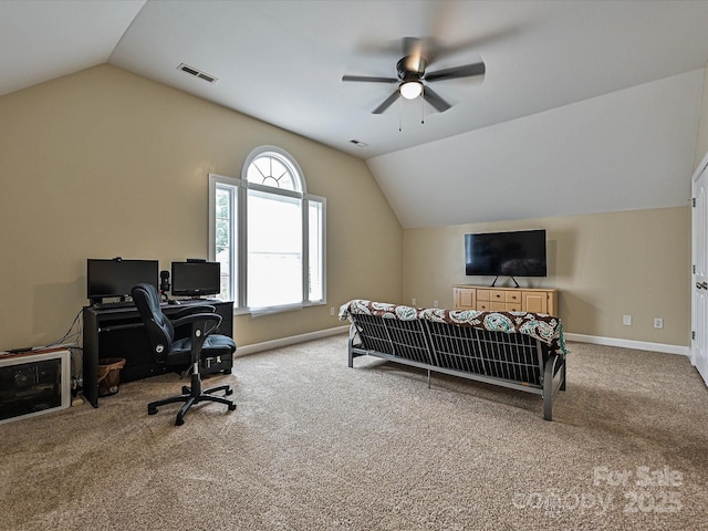 410 Deer Brush Ln, Waxhaw, NC 28173 - bedroom with lofted ceiling, carpet flooring, baseboards, a desk, and ceiling fan