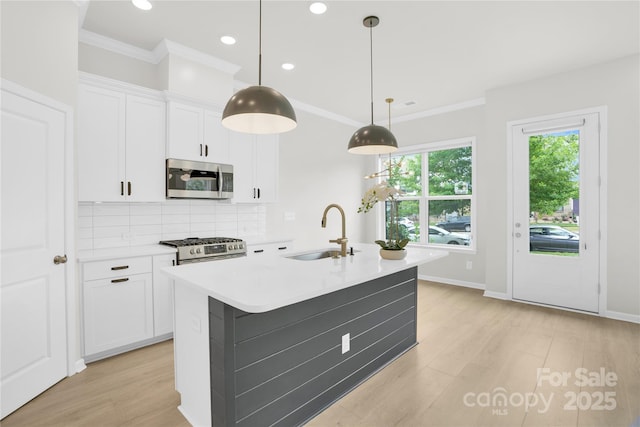5946 Ardrey Kell Rd, Charlotte, NC 28277 - kitchen featuring a sink, appliances with stainless steel finishes, light wood finished floors, tasteful backsplash, and light countertops