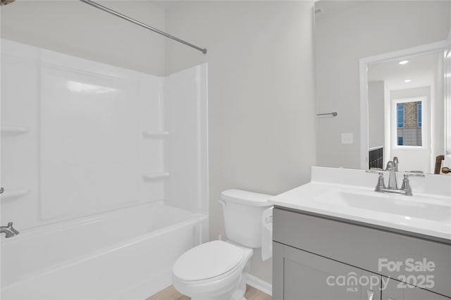 5946 Ardrey Kell Rd, Charlotte, NC 28277 - bathroom featuring toilet, shower / washtub combination, vanity, recessed lighting, and baseboards