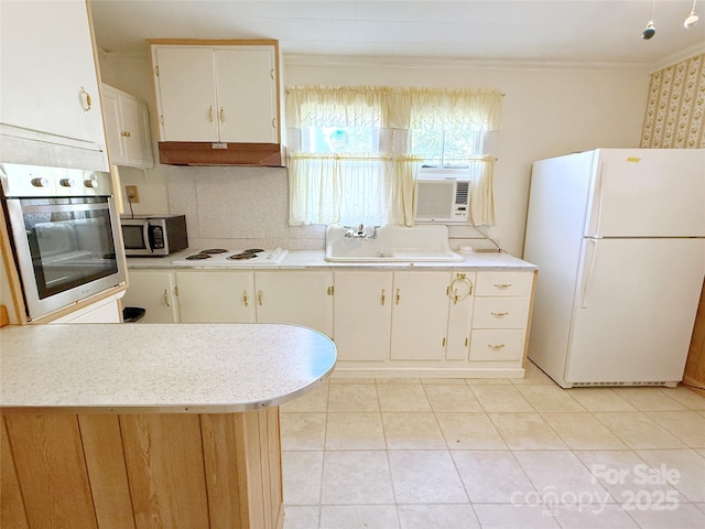 kitchen with appliances with stainless steel finishes, a sink, light countertops, ornamental molding, and under cabinet range hood