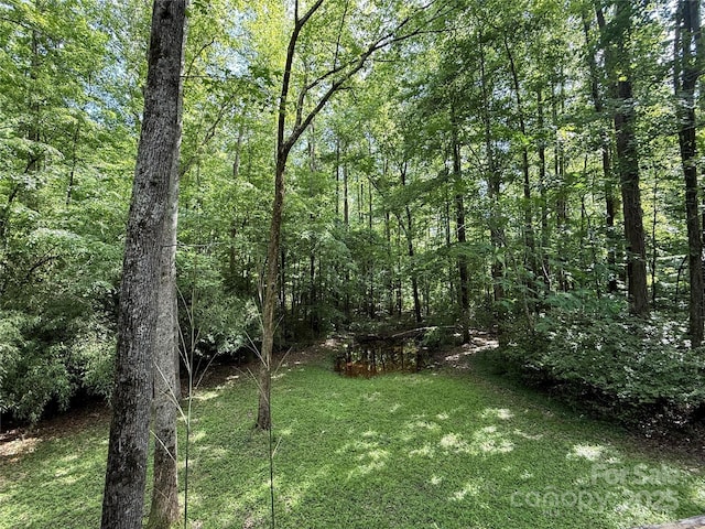 view of green lawn with a wooded view