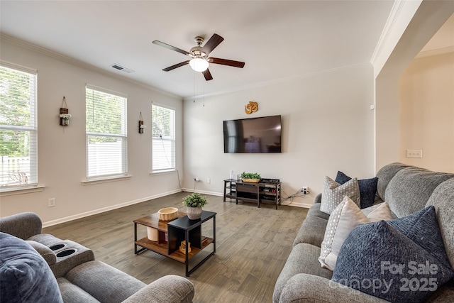 809 River Park Rd, Belmont, NC 28012 - living room featuring crown molding, ceiling fan, plenty of natural light, wood finished floors, and baseboards