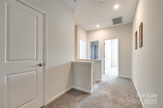 809 River Park Rd, Belmont, NC 28012 - hallway with light carpet, baseboards, an upstairs landing, and recessed lighting