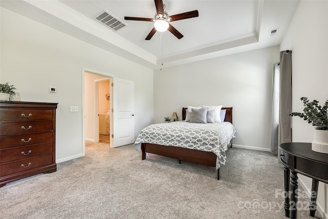 809 River Park Rd, Belmont, NC 28012 - bedroom with a tray ceiling, light carpet, ornamental molding, baseboards, and ceiling fan