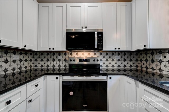 600 S Cline Ave, Newton, NC 28658 - kitchen featuring stainless steel appliances, white cabinets, tasteful backsplash, and dark stone counters