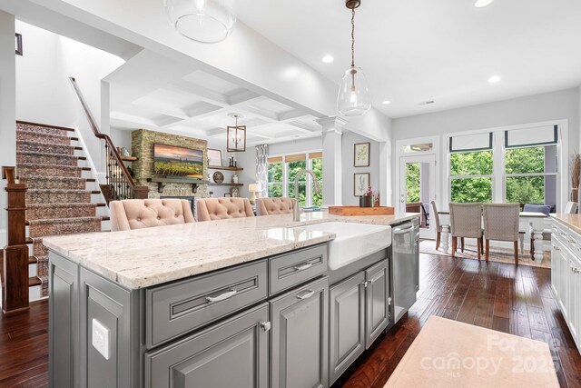 10911 Skymont Dr, Huntersville, NC 28078 - kitchen with gray cabinets, dishwasher, a sink, dark wood finished floors, and recessed lighting