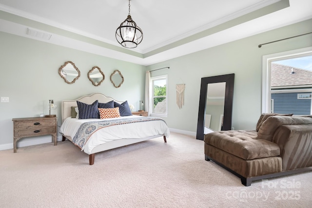10911 Skymont Dr, Huntersville, NC 28078 - bedroom with light carpet, a raised ceiling, baseboards, and ornamental molding