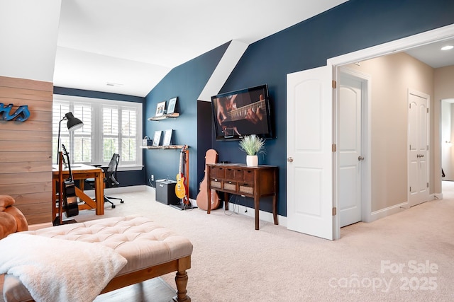 10911 Skymont Dr, Huntersville, NC 28078 - carpeted bedroom featuring baseboards, lofted ceiling, and an office area