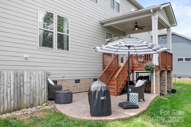 10911 Skymont Dr, Huntersville, NC 28078 - back of house with a patio area, a ceiling fan, crawl space, a wooden deck, and stairs