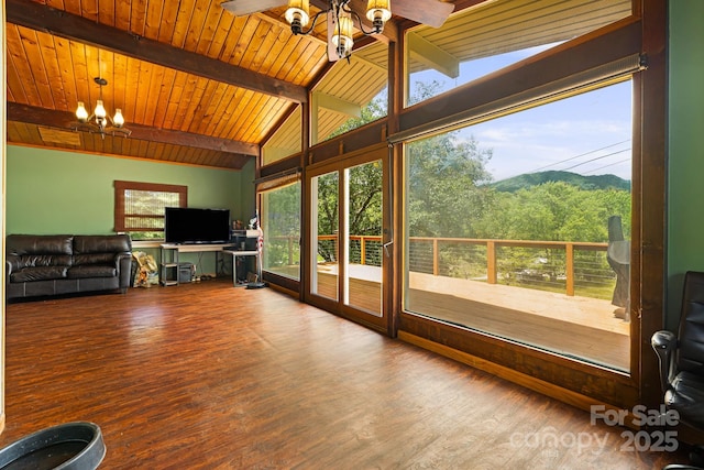 61 Magnolia Dr, Canton, NC 28716 - living room with a chandelier, healthy amount of natural light, wooden ceiling, and wood finished floors