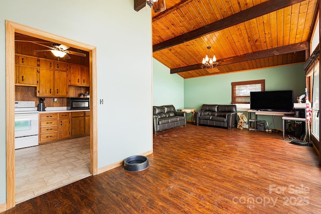 61 Magnolia Dr, Canton, NC 28716 - living room with wooden ceiling, ceiling fan, light wood-type flooring, a chandelier, and baseboards