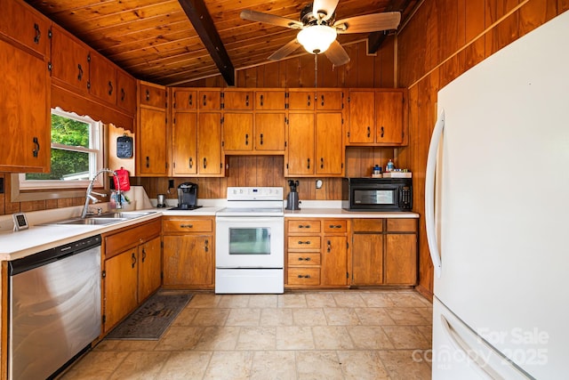 61 Magnolia Dr, Canton, NC 28716 - kitchen featuring white appliances, a sink, wood ceiling, brown cabinets, and light countertops