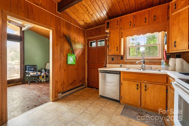 61 Magnolia Dr, Canton, NC 28716 - kitchen featuring a baseboard radiator, dishwasher, a sink, healthy amount of natural light, and wood walls
