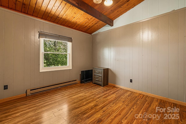 61 Magnolia Dr, Canton, NC 28716 - empty room with a baseboard heating unit, hardwood / wood-style floors, wooden ceiling, and wooden walls