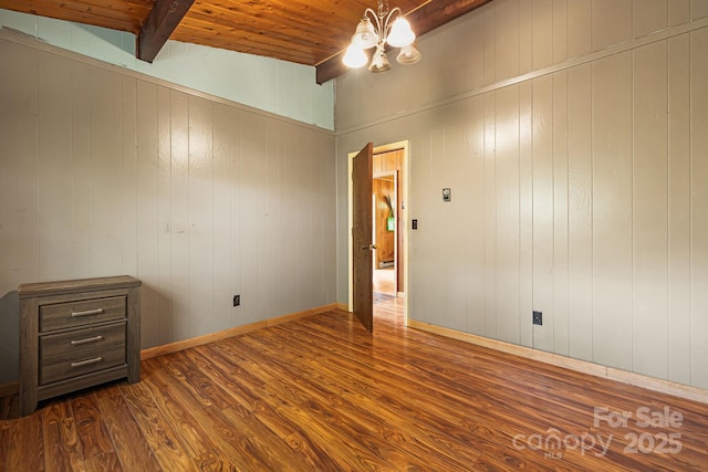 61 Magnolia Dr, Canton, NC 28716 - unfurnished room featuring dark wood finished floors, beam ceiling, a chandelier, wood ceiling, and wooden walls