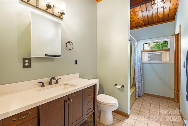 61 Magnolia Dr, Canton, NC 28716 - bathroom featuring cooling unit, toilet, wood ceiling, vanity, and tile patterned flooring