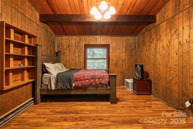 61 Magnolia Dr, Canton, NC 28716 - bedroom with wooden walls, wooden ceiling, a baseboard heating unit, wood finished floors, and a chandelier