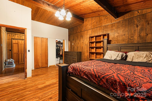 61 Magnolia Dr, Canton, NC 28716 - bedroom with wood walls, wood ceiling, wood finished floors, and a chandelier
