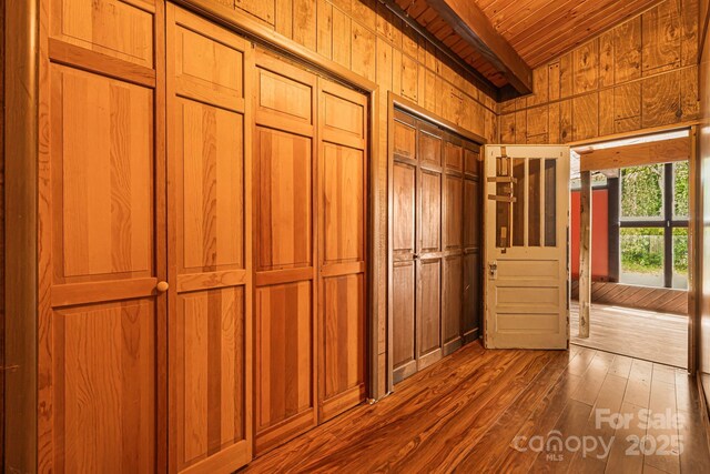 61 Magnolia Dr, Canton, NC 28716 - interior space featuring wooden ceiling, wooden walls, wood finished floors, and beamed ceiling