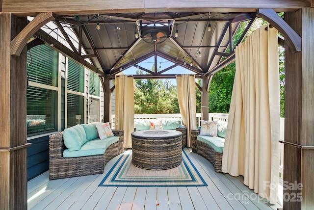 161 Leaning Tower Dr, Mooresville, NC 28117 - wooden deck featuring a gazebo, outdoor lounge area, and a ceiling fan