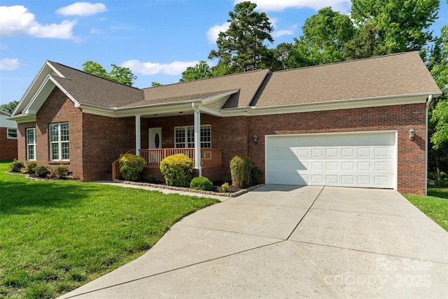 single story home featuring covered porch, brick siding, a front yard, driveway, and a shingled roof