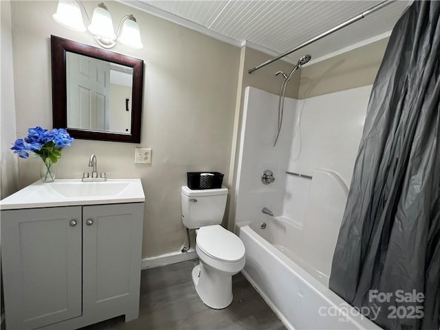 168 Grove St, Mocksville, NC 27028 - bathroom with toilet, baseboards, shower / tub combo with curtain, and vanity