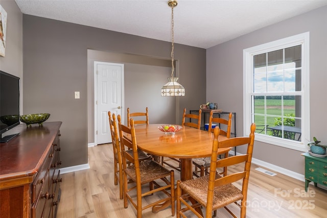 dining room featuring light wood-type flooring, baseboards, and a textured ceiling
