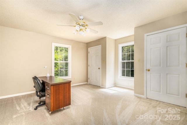 unfurnished office featuring light colored carpet, ceiling fan, baseboards, and a textured ceiling