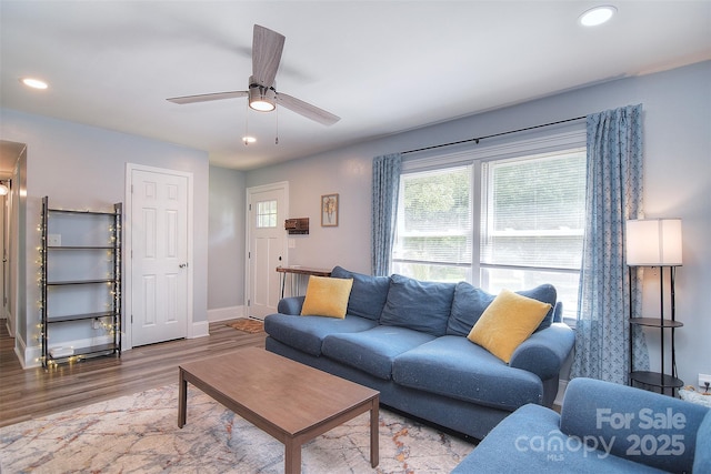 3623 Braden Dr, Charlotte, NC 28216 - living area featuring wood finished floors, a ceiling fan, recessed lighting, and baseboards