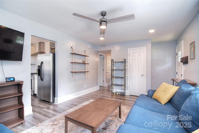 3623 Braden Dr, Charlotte, NC 28216 - living room featuring ceiling fan, wood finished floors, recessed lighting, and baseboards