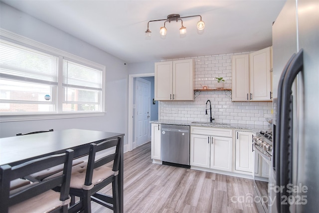 3623 Braden Dr, Charlotte, NC 28216 - kitchen with stainless steel appliances, a sink, decorative backsplash, light wood-style floors, and open shelves