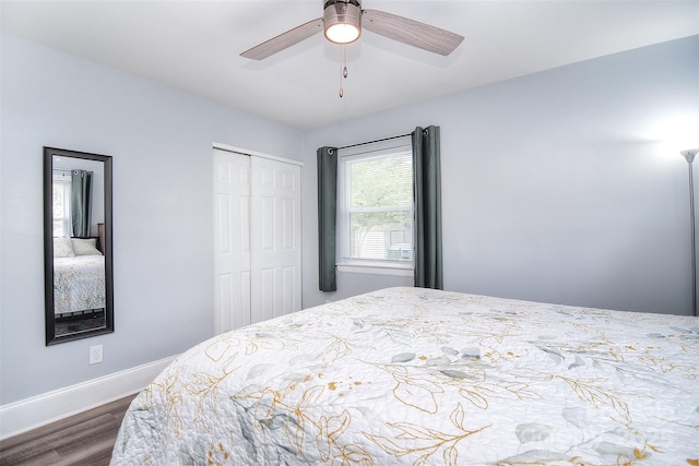 3623 Braden Dr, Charlotte, NC 28216 - bedroom with wood finished floors, a closet, baseboards, and ceiling fan
