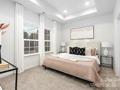 1604 N Main St, Mount Holly, NC 28120 - bedroom with baseboards, recessed lighting, a tray ceiling, and carpet