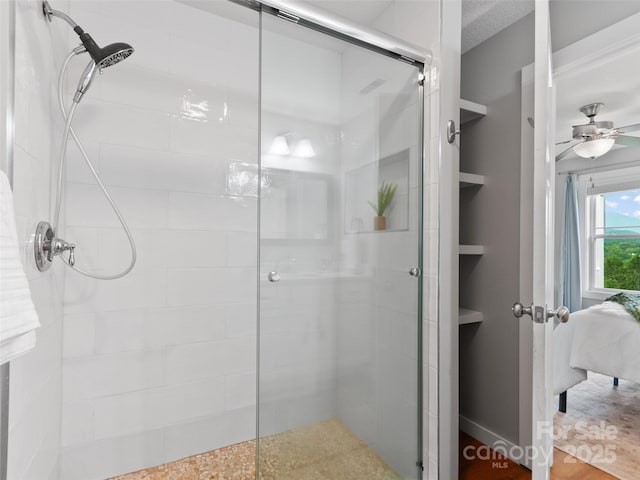 128 Lewis Ln, Candler, NC 28715 - bathroom with connected bathroom, a stall shower, and ceiling fan