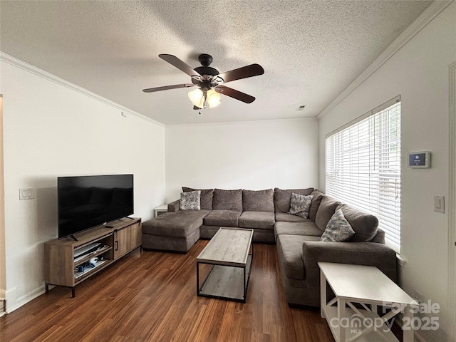 3602 Melrose Cottage Dr, Matthews, NC 28105 - living area featuring dark wood-style flooring, ceiling fan, crown molding, and a textured ceiling