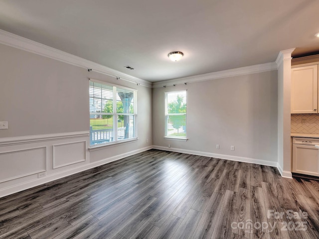 2001 Laurel Village Cir, Belmont, NC 28012 - unfurnished living room with crown molding, dark wood-style flooring, and a wainscoted wall
