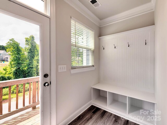 2001 Laurel Village Cir, Belmont, NC 28012 - mudroom with crown molding, wood finished floors, and baseboards