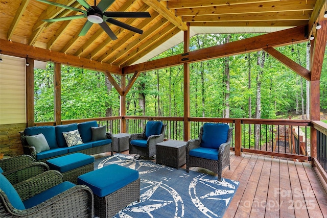 174 Sassafras Hill Dr Unit 41, Rutherfordton, NC 28139 - sunroom featuring an outdoor living space, a ceiling fan, vaulted ceiling, and a forest view
