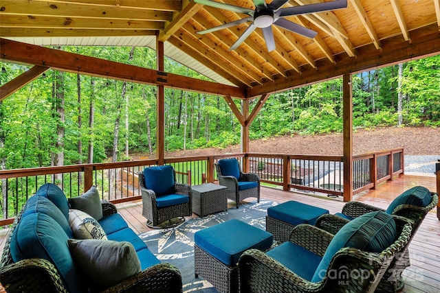 174 Sassafras Hill Dr Unit 41, Rutherfordton, NC 28139 - deck featuring an outdoor hangout area, a ceiling fan, and a wooded view