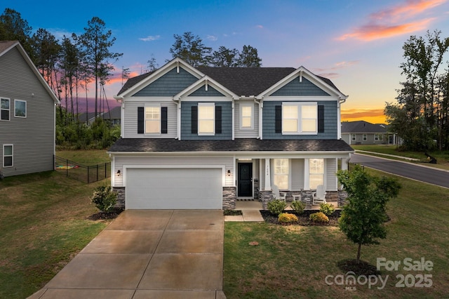 craftsman house with a porch, a garage, stone siding, concrete driveway, and roof with shingles