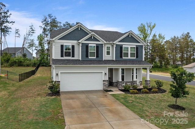 craftsman-style house featuring covered porch, a garage, concrete driveway, stone siding, and roof with shingles