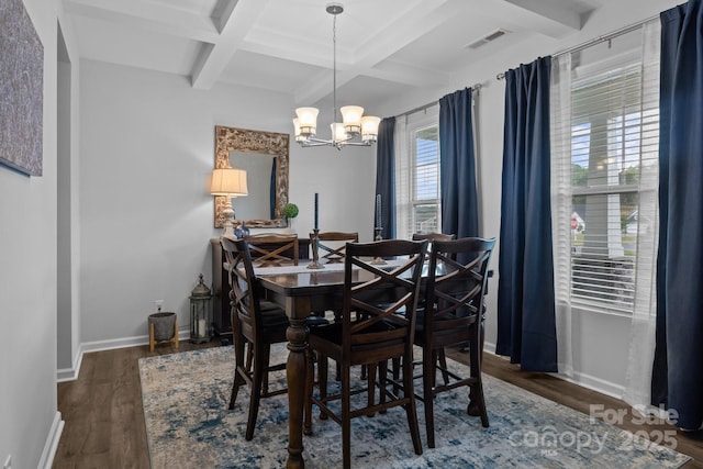 7604 Tanglewood Way, Denver, NC 28037 - dining area with coffered ceiling, a chandelier, wood finished floors, and beam ceiling