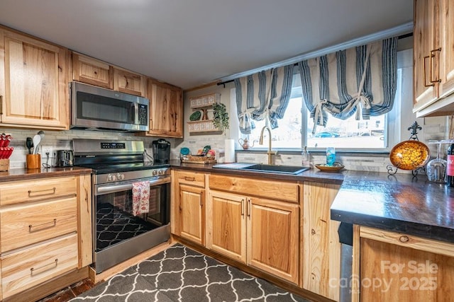 40 Painter Rd, Banner Elk, NC 28604 - kitchen with appliances with stainless steel finishes, dark countertops, a sink, and tasteful backsplash