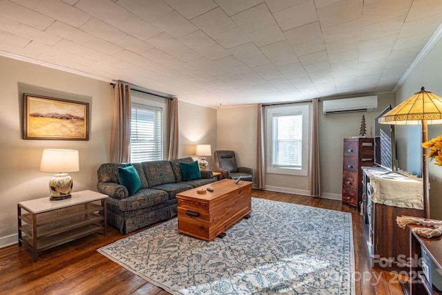 40 Painter Rd, Banner Elk, NC 28604 - living room with crown molding, an AC wall unit, dark wood-style flooring, and baseboards