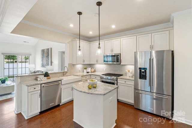4028 Woodsmill Rd, Fort Mill, SC 29707 - kitchen with premium appliances, a sink, a peninsula, tasteful backsplash, and white cabinetry