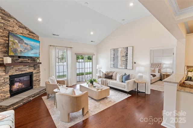 4028 Woodsmill Rd, Fort Mill, SC 29707 - living area with a fireplace, dark wood-type flooring, high vaulted ceiling, and recessed lighting