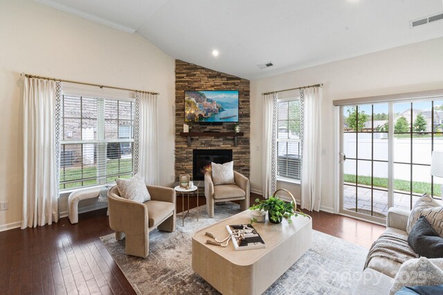 4028 Woodsmill Rd, Fort Mill, SC 29707 - living room with a stone fireplace, wood-type flooring, baseboards, and high vaulted ceiling