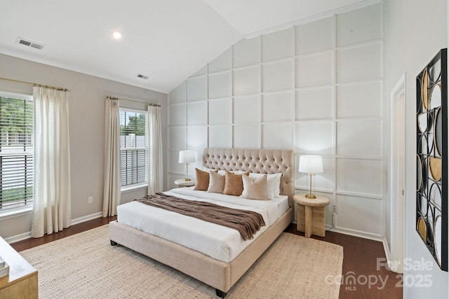 4028 Woodsmill Rd, Fort Mill, SC 29707 - bedroom with dark wood-style flooring, vaulted ceiling, and baseboards